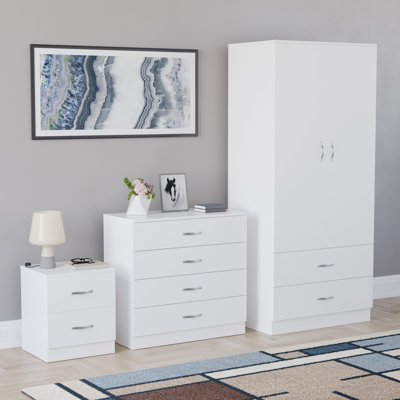 Maybery 3 Piece Bedroom Set (2 Drawer Bedside Chest, 4 Drawer Chest, 2 Door 2 Drawer Wardrobe), (4)