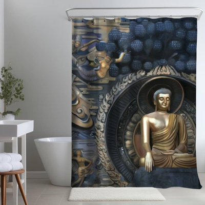 Grand Buddha Lingshan – Blue Home – Polyester Shower Curtain, Dye Sublimation Print, 71" W × 74" L