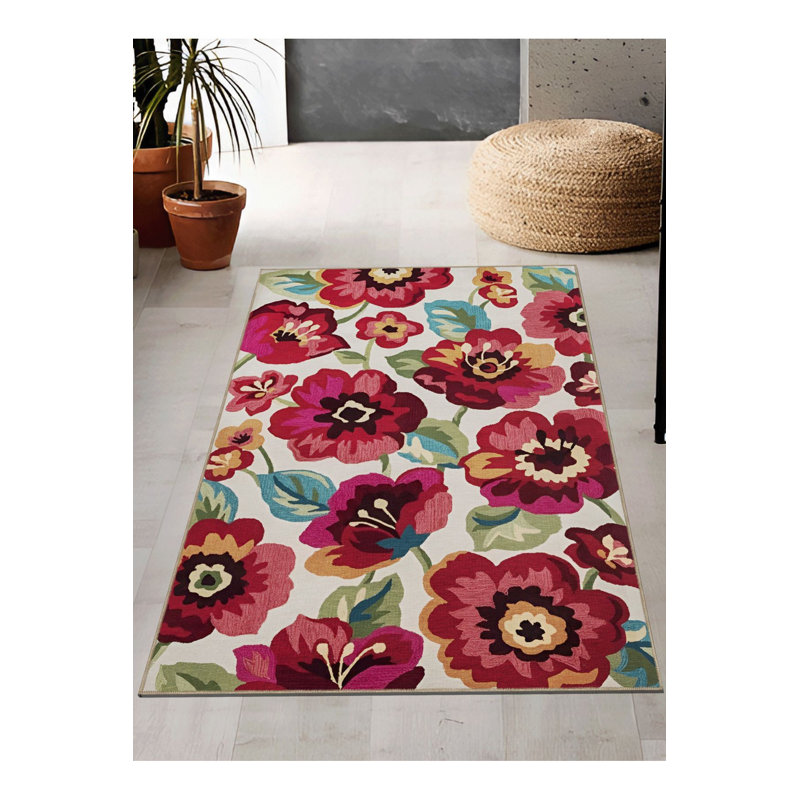 Tapis décoratif rouge moderne à motif de roses rouges lavable à la machine, Rectangle 4 pi 7 po x 6 pi 7 po 