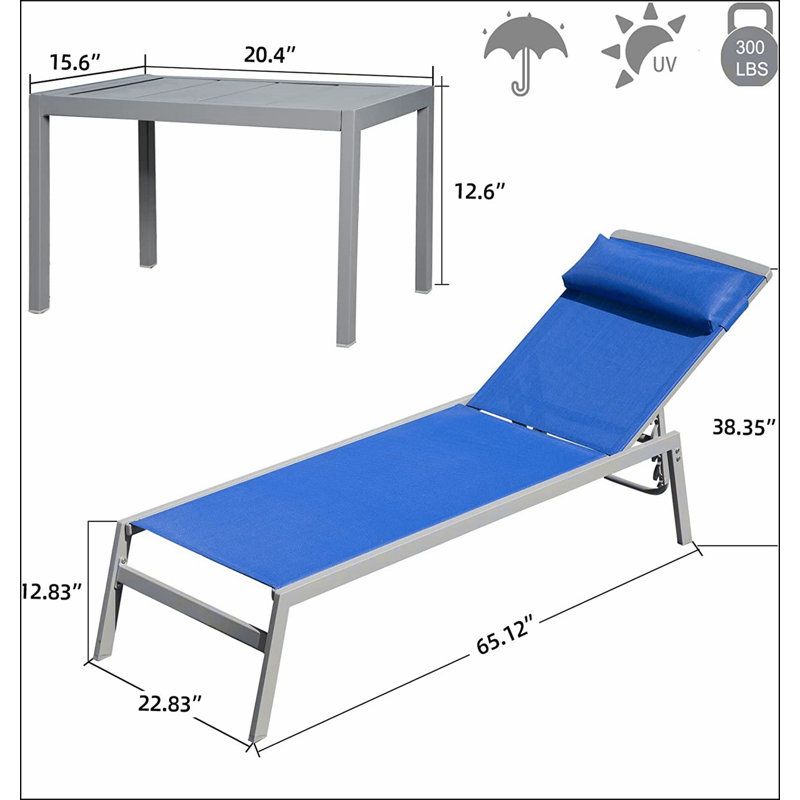 Patio Chaise Lounge Set, 3 Pieces Adjustable Aluminum Backrest Pool Lounge Chairs PVC-coated polyester Sunbathing Recliner with Headrest
