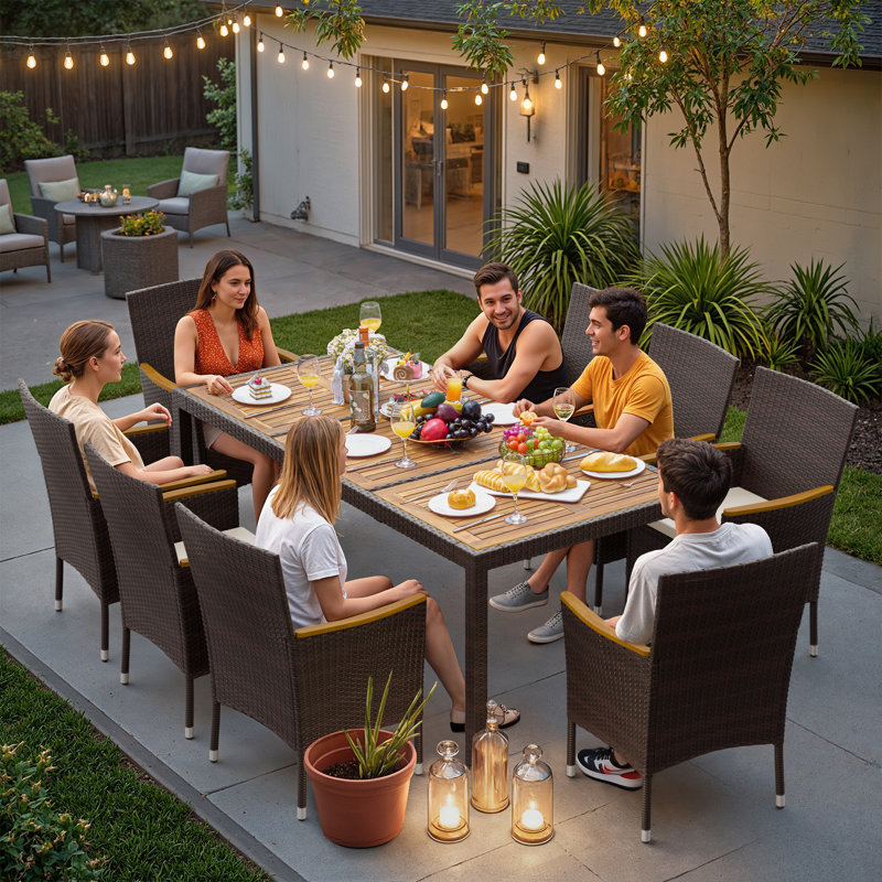 Callan 8 - Person Wicker Patio Dining Set with Rectangular Table , Cushions Included, Brown