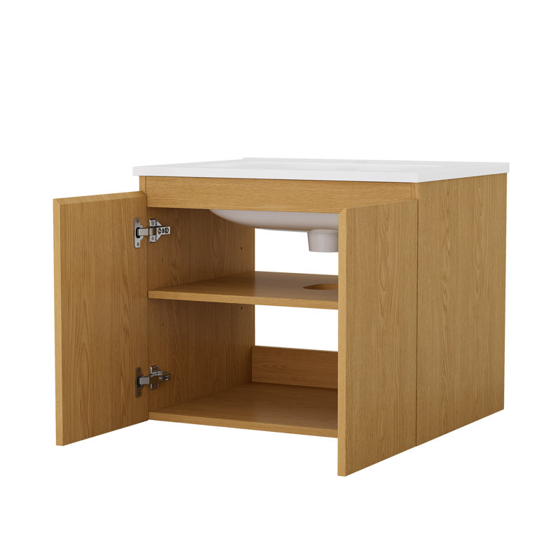 Meuble-lavabo flottant mural 24 po avec lavabo en céramique, noyer naturel, bois massif, Noyer naturel, 24"
