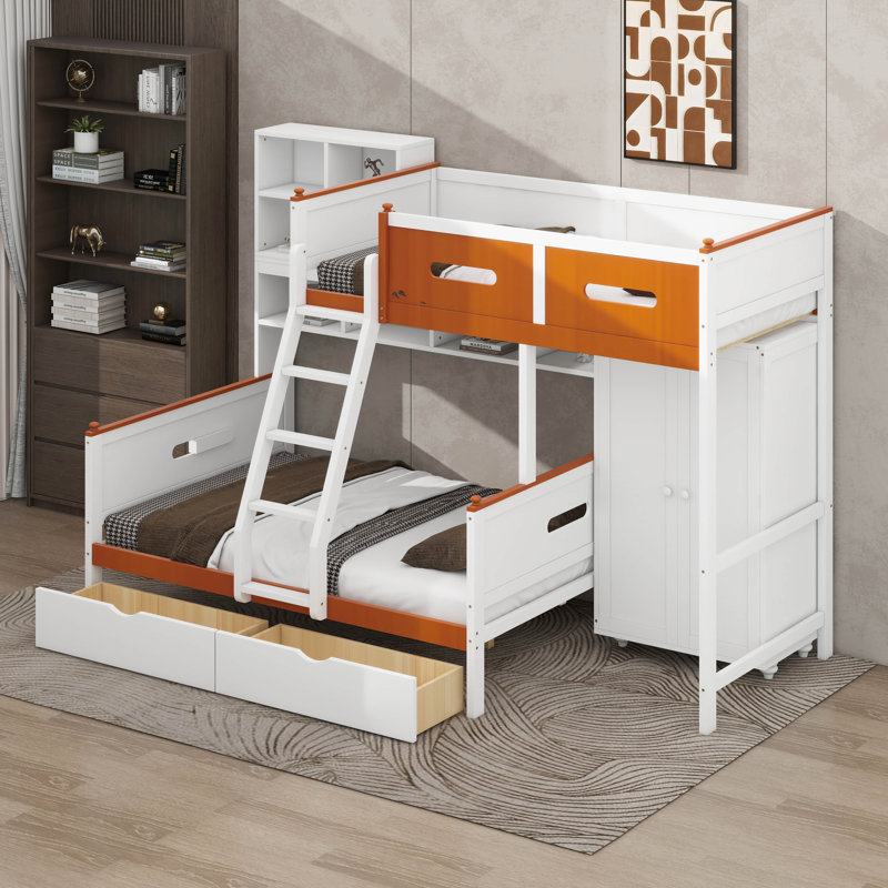 Twin Over Full Wooden Bunk Bed With Built-In Wardrobe, LED Shelves Guardrail And Large Storage