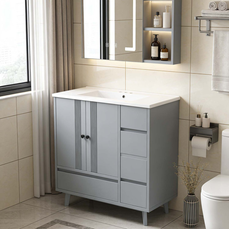 Meuble-lavabo 36 po avec lavabo 36 po, 4 tiroirs et support de rangement latéral, Gris