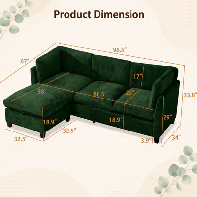 96.5 Inch L Shape Sectional Couch with Ottoman, Soft Chenille Fabric, Storage, and Comfortable Seating for Living Room