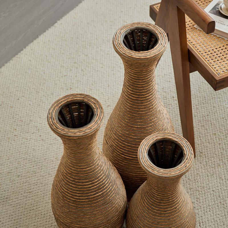 Eibhinn 3 Piece Set Retro Handmade Rattan Floor Vase, Tall Large Flower Vase, Multicolor Finish, Brown