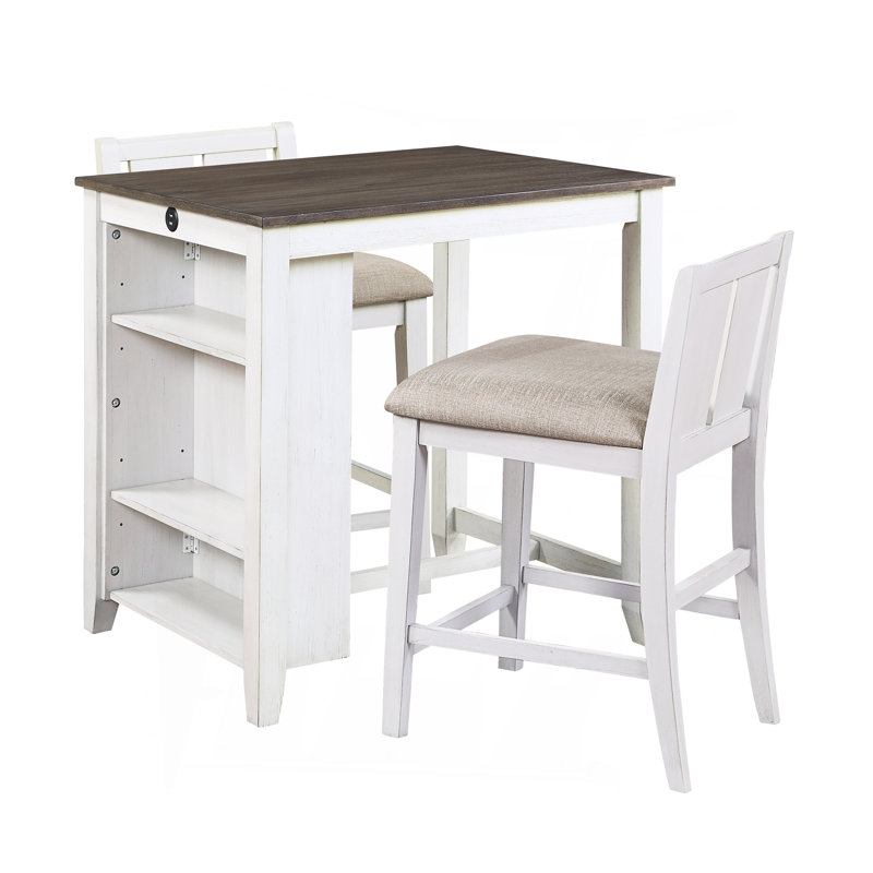 Transitional Design White And Gray Finish 3-Piece Pack Counter Height Set Table W Display Shelf USB Ports And 2X Counter Height Chairs Fabric Upholstered Dining Furniture