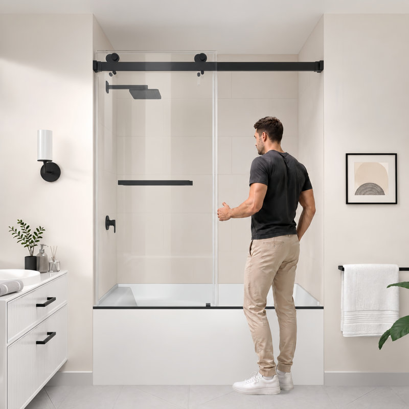 Porte de baignoire de douche coulissante double sans cadre de 56 po à l 61 po x H 66 po en noir mat avec verre transparent 3/8 po Catalyst