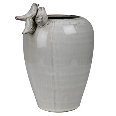Vase With 3 Birds On Rim, Ceramic