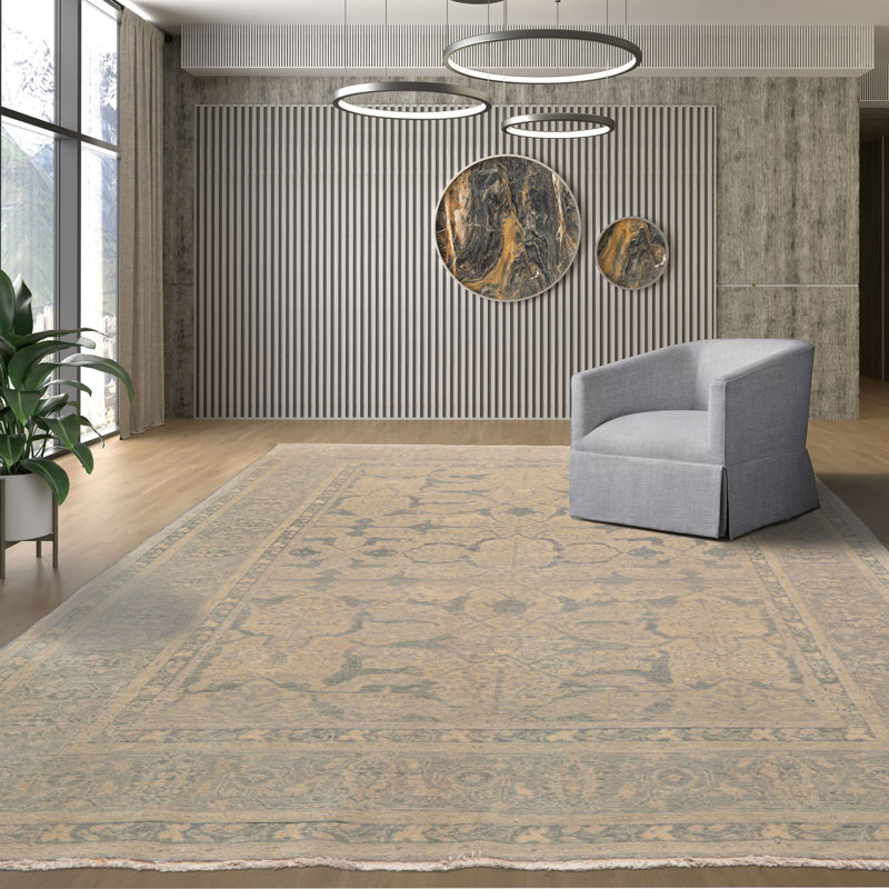 Tapis beige / gris en laine noué à la main de conception unique 5 pi 11 po x 8 pi 11 po
