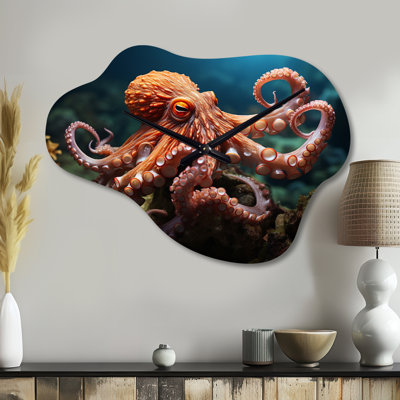 Coral Octopus Serene Submersion II - Coral Asymmetrical Metal Wall Clock, Modern Cloud Clock Print