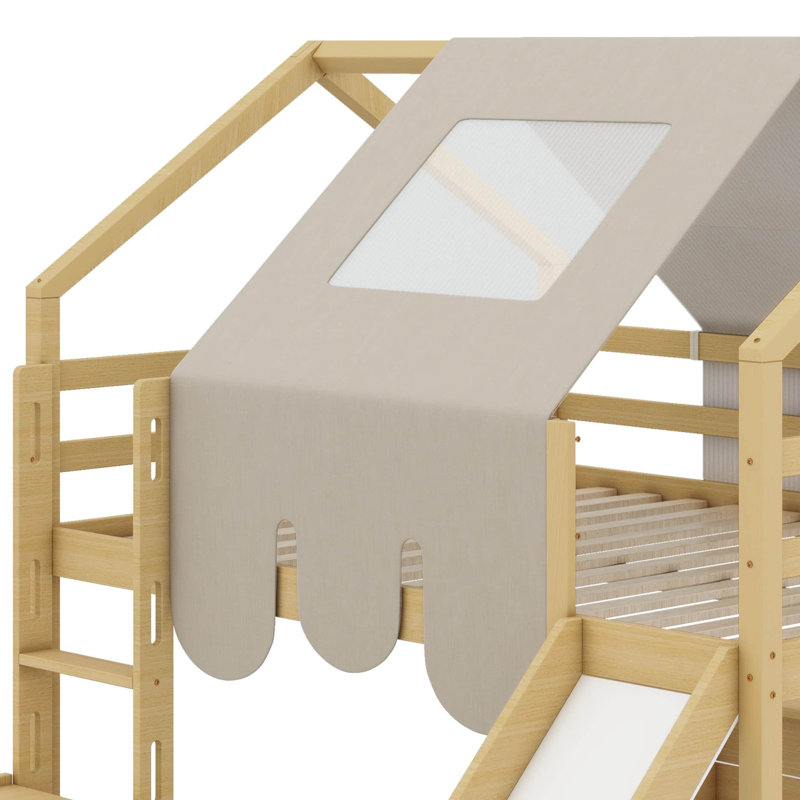 Lit mezzanine en bois avec cadre en forme de maison et auvent de style tente, Full, Gris / naturel