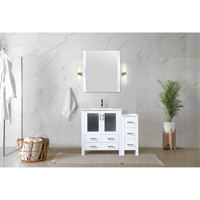 Meuble-lavabo simple blanc de 42 po x 18,25 po, armoire latérale, comptoir en céramique, robinet, fermeture en douceur, comptoir avec excellente résistance aux taches Dessus et égratignure exceptionnelle