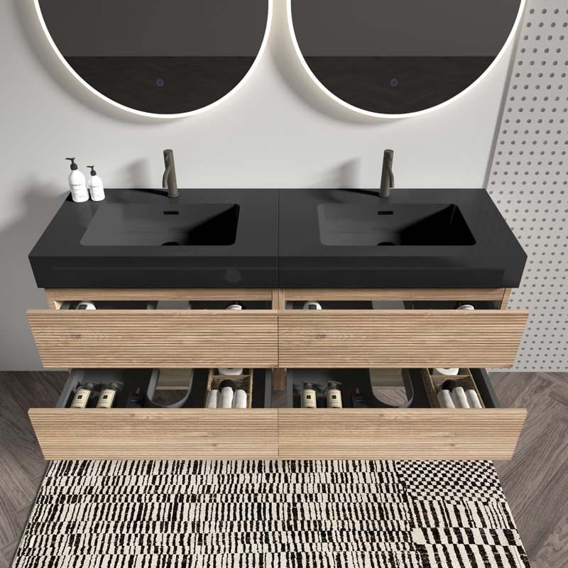 Meuble-lavabo 60 po avec lavabo en quartz noir mat et tiroirs noirs doux, meuble-lavabo mural flottant pour salle de bain moderne