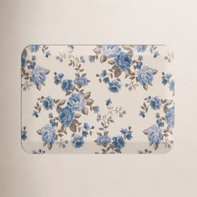 Anti-Fatigue Kitchen Comfort Mat, English Garden Rose Pattern In Blue