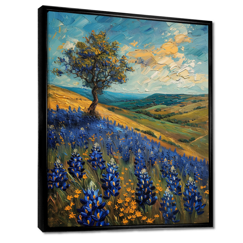 «Blue Green Morning Magic Blue Bonnets Fields» - art mural Bonnets bleus, H 34 po x l 44 po, Cadre flottant noir