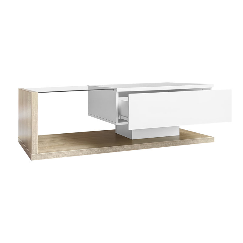 Table basse Flora avec plateau brillant, éclairage DEL et rangement, Blanc, bois