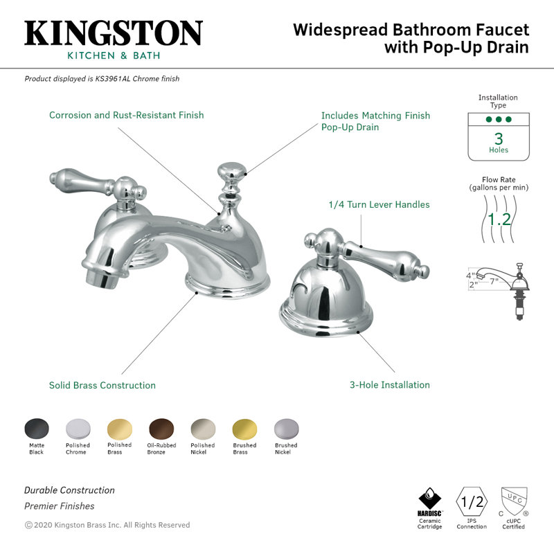 Kingston Brass Restoration Two-Handle 3-Hole Deck Mount Widespread Bathroom Faucet with Brass Pop-Up Drain, Brushed Nickel