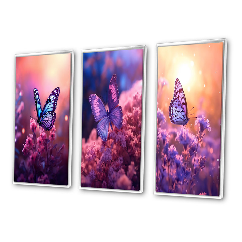 Pink Butterfly Wonderful Sunset III - Animals Butterfly Art Set Of 3 Pieces, Cadre blanc, H 32 po x l 48 po