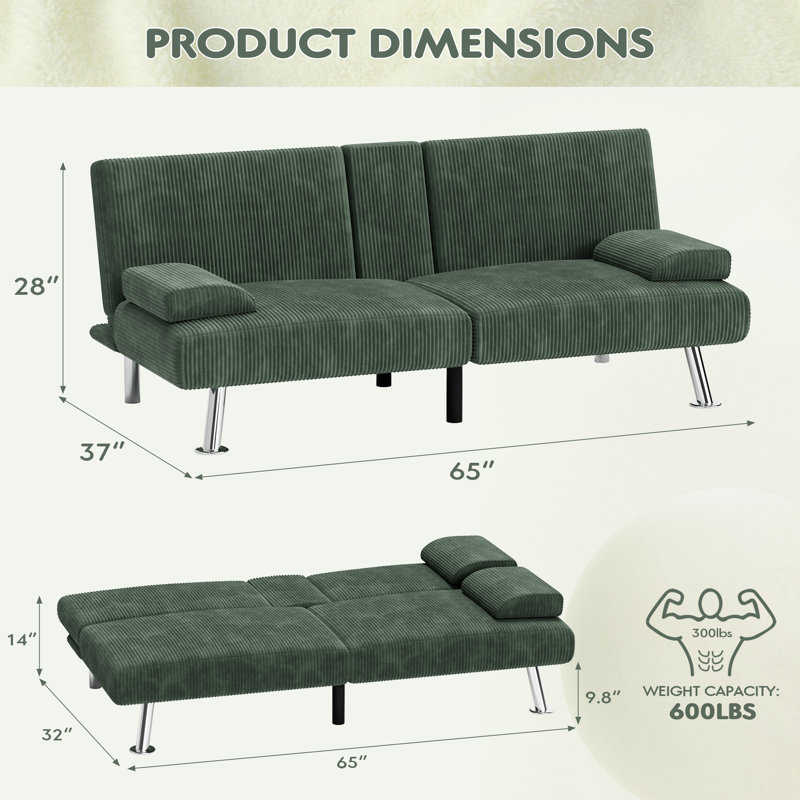 Preas Full / Double 65'' Upholstered Convertible Sofa, Green