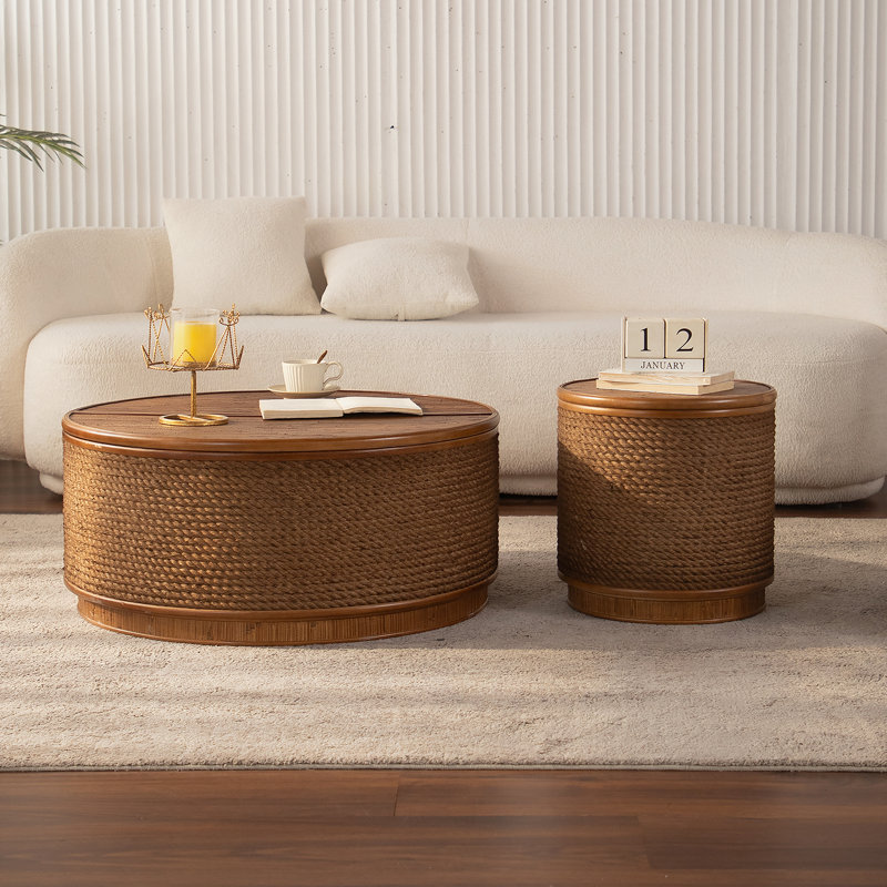 Table basse ronde en rotin avec rangement amovible, garniture en corde de chanvre tissée à la main, style boho-chic, parfaite pour les salons confortables et les espaces compacts