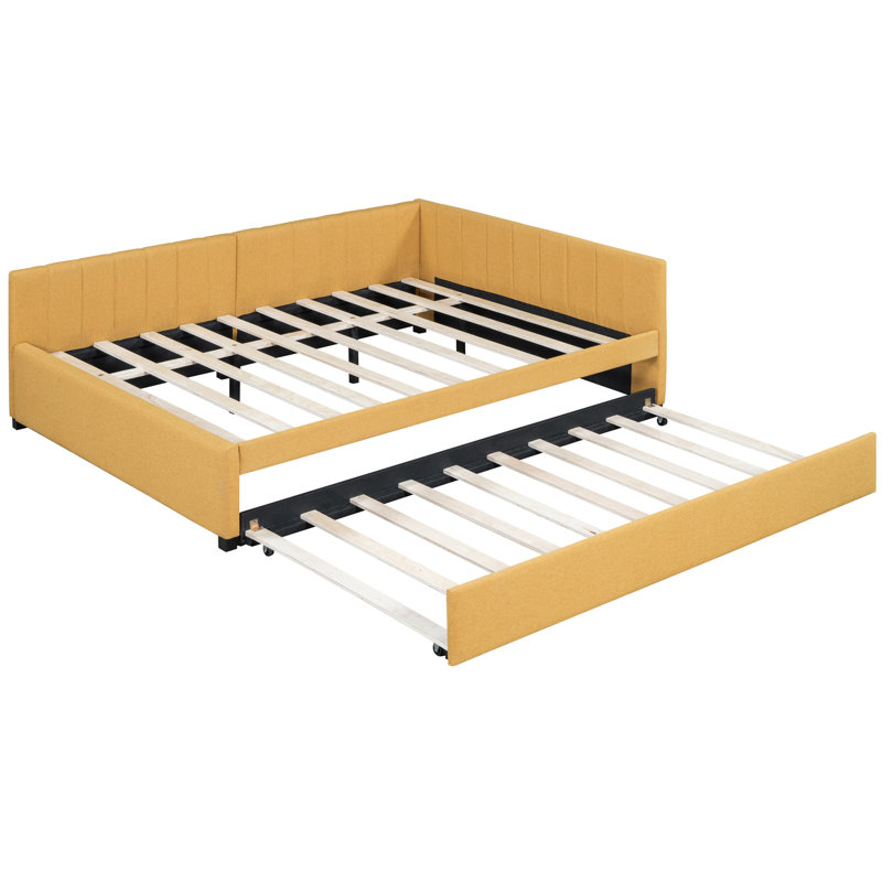 Lit de jour double avec lit gigogne en lin jaune, structure, pas de sommier pour un confort à long terme et lit, structure en bois durable