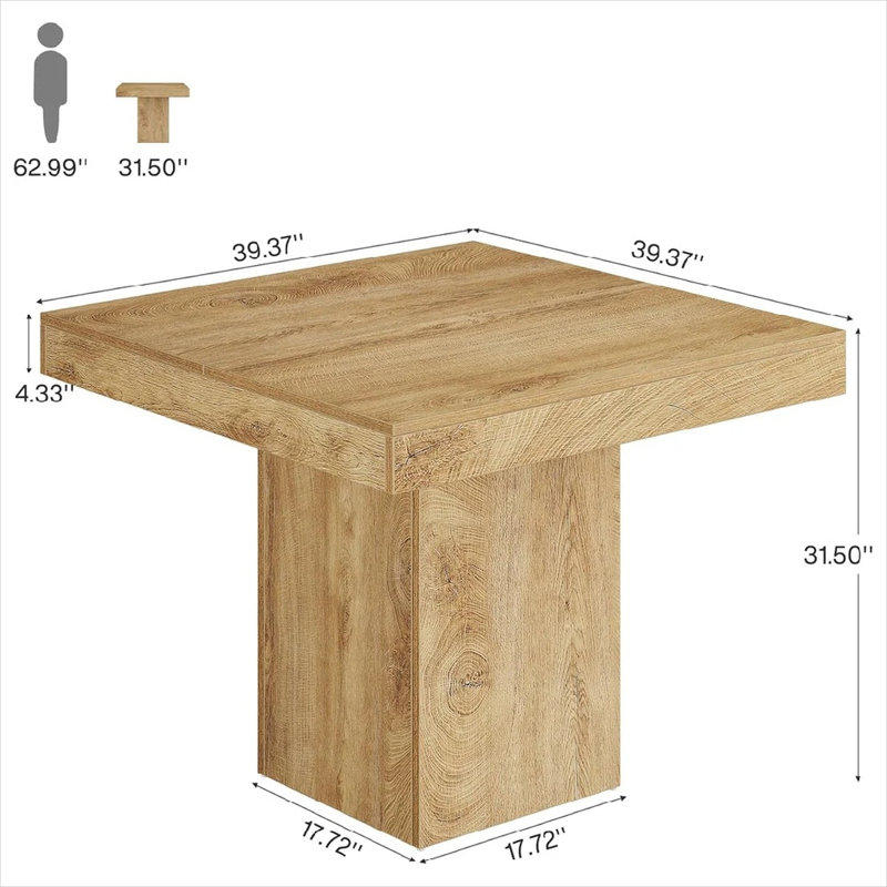 Table de salle à manger carrée en bois naturel avec pied central, 4 couverts, 99 cm (39 pouces) pour coins repas et cafés