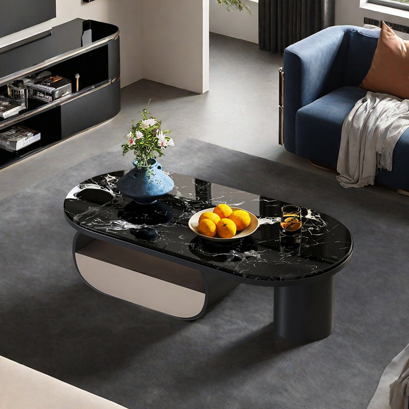 Modern oval marble coffee table, Black/White, 13.8" H x 55.1" L x 31.5" W