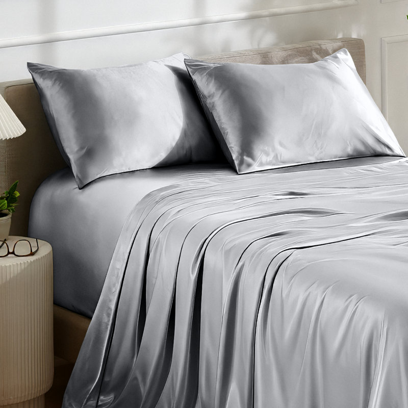 Ensemble de literie en satin, Argent, Ensemble de draps pour lit double avec 2 taies d'o