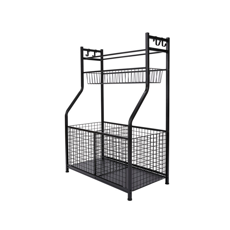 Black Steel Sports Equipment Storage Rack with Hooks and Baskets