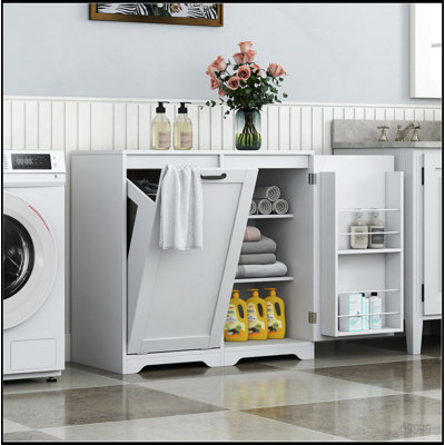 Armoire à linge avec portes et tablette, panier à linge inclinable, style autoportant, tablette réglable, blanc