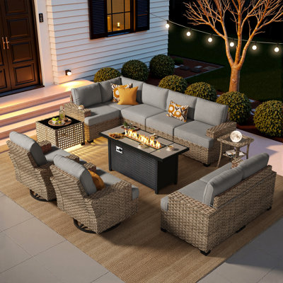 Tommy Wicker 9-person Modular Outdoor Sectional Seating Group With Swivel Chairs And Cushions, Patio Conversation Set With Fire Pit Table