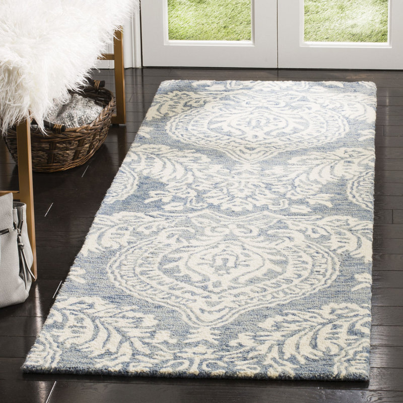 Tapis bleu / ivoire en laine touffeté à la main Jones Street, Tapis de couloir 2 pi 3 po x 7 pi