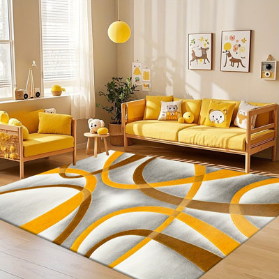 Modern Abstract Yellow & 2D Printed Mat - Soft Polyester Mat With Non-Slip Rubber Backing, Machine Washable Large Rectangular Floor Mat For Living Room, Bedroom, Hallway, Cafe - Contemporary Home & Commercial Decor In Mustard & (Easy-Clean Durable D