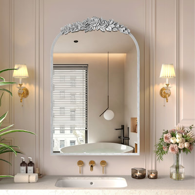 Vintage Medicine Cabinet Mirror with Storage, 24" x 36" Arch Bathroom Wall Mount Mirror Cabinet with Carved Top, Recessed & Surface Mount Bathroom Cabinet with Adjustable Shelf & Jewelry Hooks, Silver