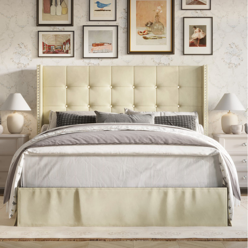 Lit plateforme tapissier Aliviana, Simple, Beige