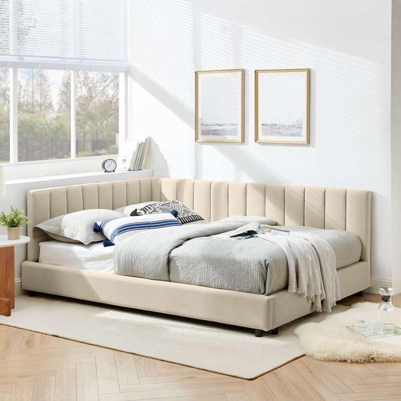 Structure de lit double de style Mid-Century en velours beige recouverte d'un siège stable pour la chambre à coucher et le salon