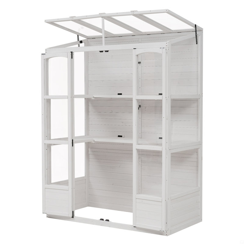 Cadre froid en bois pour serre avec 4 lanterneaux indépendants et 2 tablettes centrales pliantes, serre extérieure, Blanc