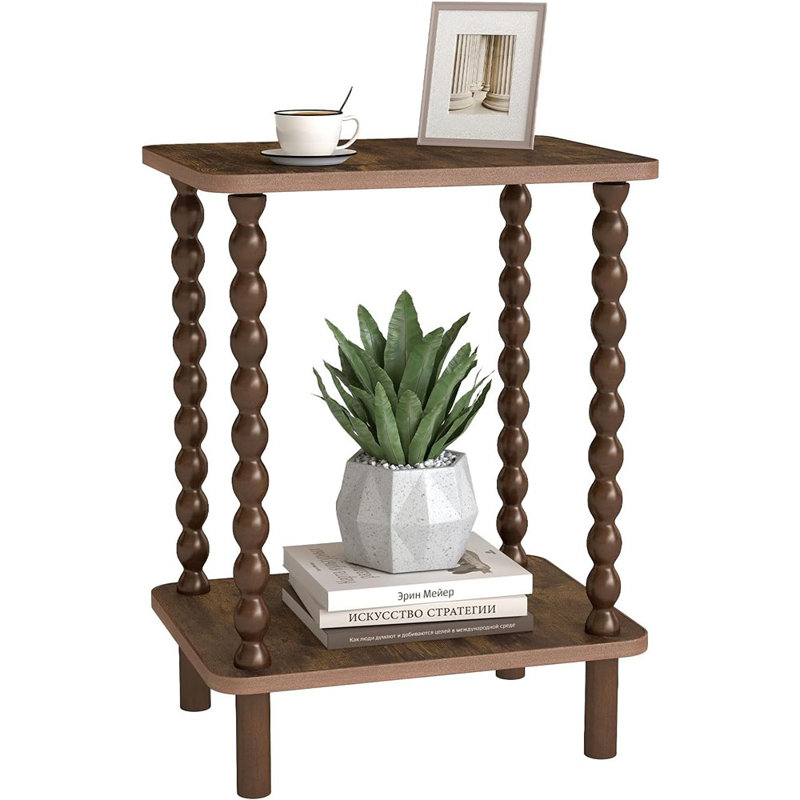 Table de bout à 2 niveaux, table d'appoint vintage, table de chevet en bois massif avec support de rangement, pour les salons, les chambres à coucher et les espaces étroits (brun rustique)
