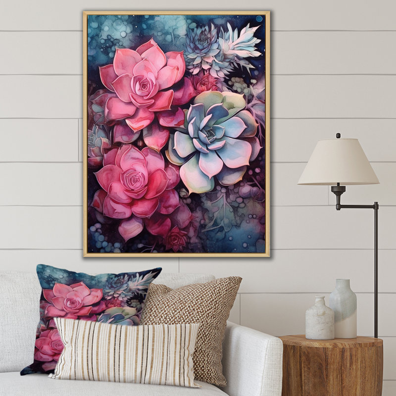 " Pink Teal Succulent Resilience ", Natural Floater Framed, 44" H x 34" W x 1.5" D