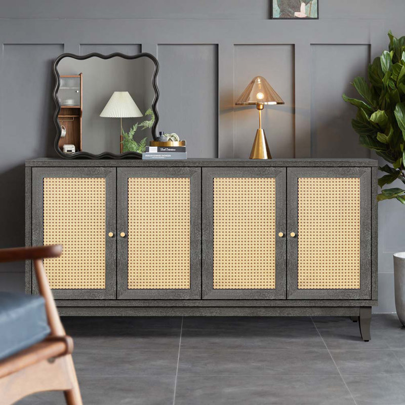 Buffet en rotin avec 4 portes en rotin, Gris foncé antique
