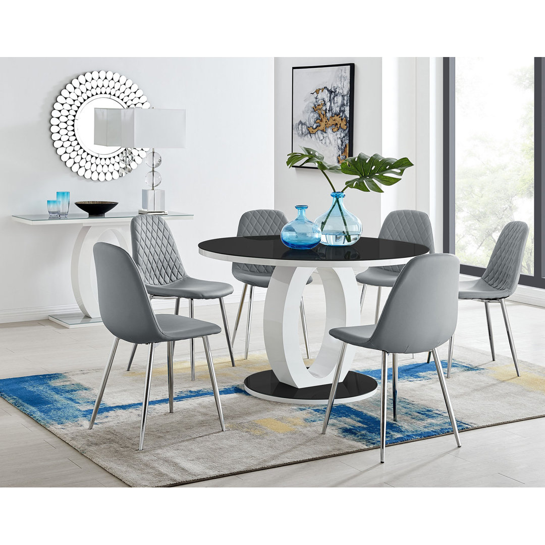 Scottsmoor 6 Seater High Gloss Round Dining Table Set with 6 Luxury Faux Leather Dining Chairs East Urban Home Color 