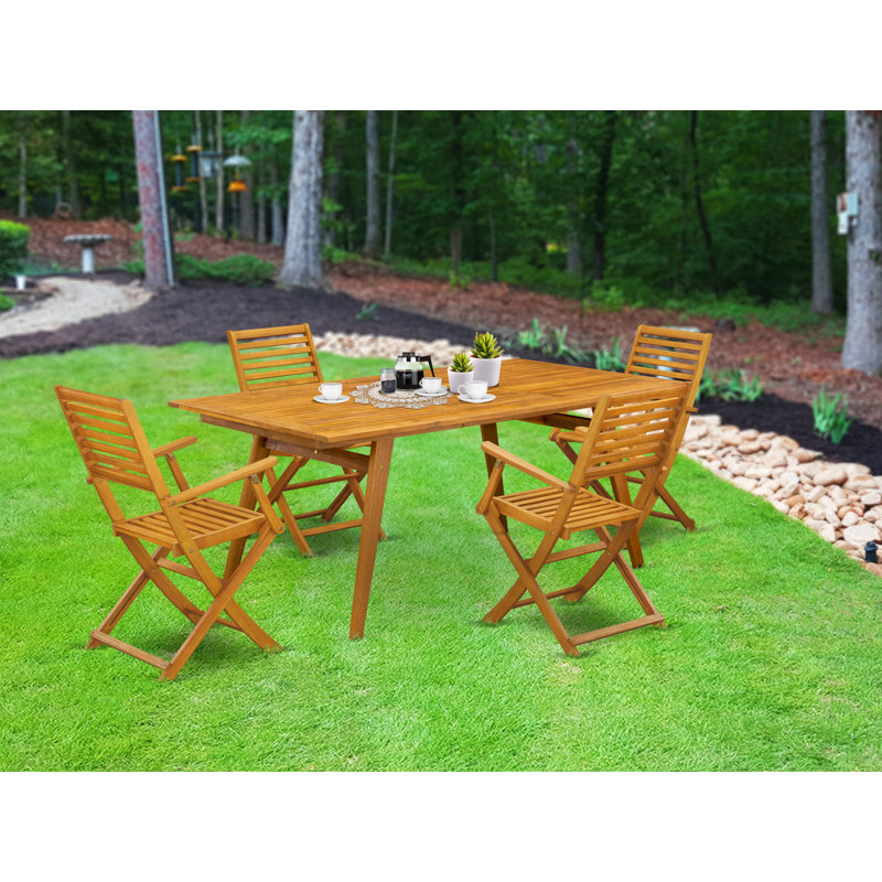 Ensemble repas 5 pièces pour patio comprenant une table rectangulaire d'extérieur en bois d'acacia et 4 chaises pliantes à accoudoirs, 40 x 72 pouces, huile naturelle