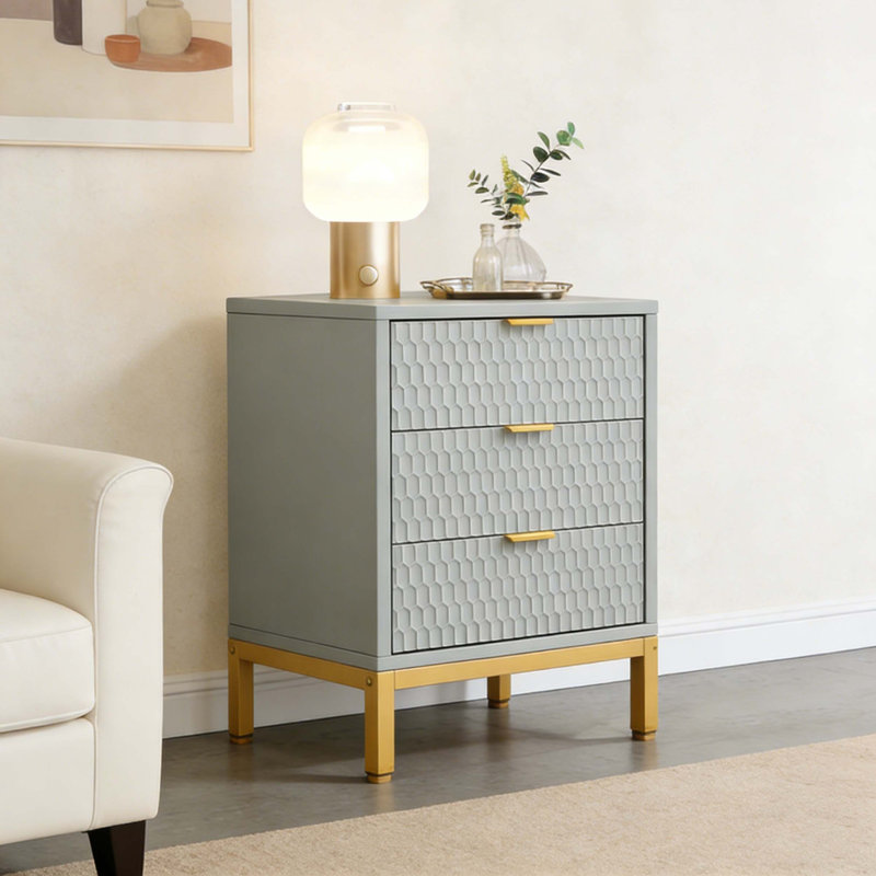 Modern Bedside Table Nightstand with 3 Drawers, Gray & Gold