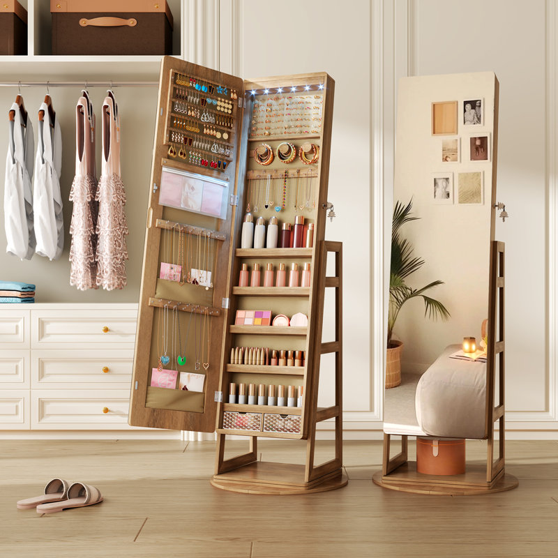 Armoire à bijoux pivotante à 360 °, armoire à bijoux verrouillable avec miroir pleine longueur, Brun