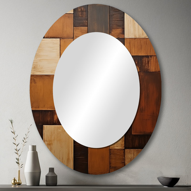 Bronze brillant Symetry I - Grand miroir mural ovale sur métal, 43 po x 33 po