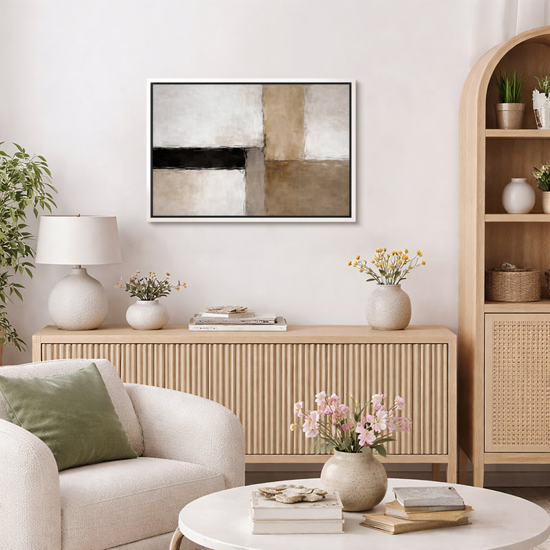 Abstrait paysage neutre, taupe beige et couches d'horizon blanc, composition de calme minimal, impression sur toile encadrée, impression numérique