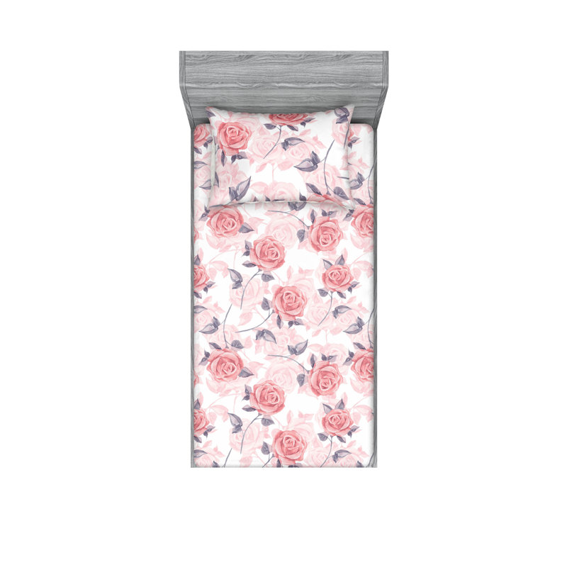Drap-housse et taies décoratives 3 pièces Ambesonne, Corail blanc, rose / floral