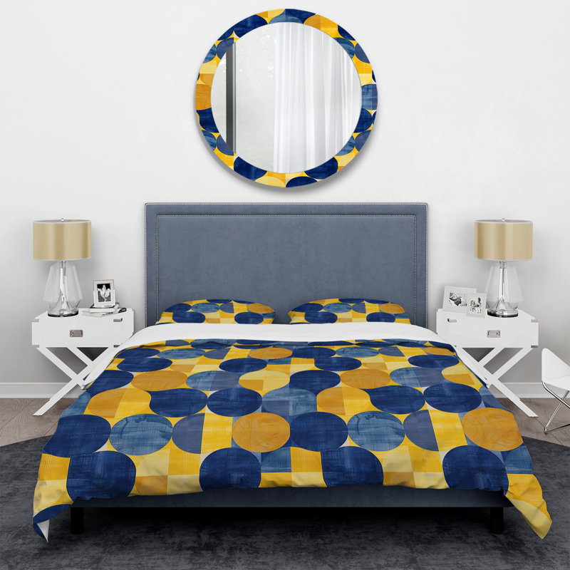 Ensemble de housse de couette moderne bleu et jaune Modern Circles II, Housse de couette pour grand lit et 2 taies décor