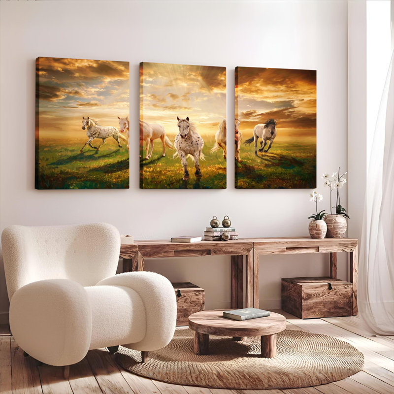 Ensemble de 3 tableaux sur toile représentant des chevaux galopant au coucher du soleil, 1218